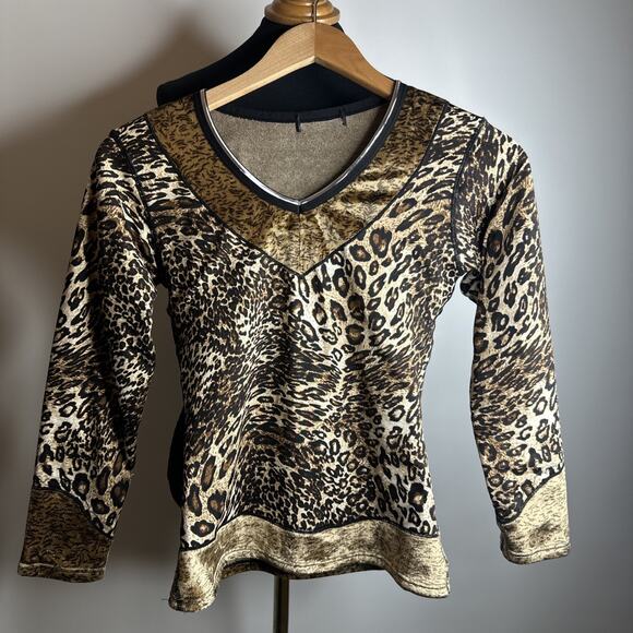 Vintage Y2K 90s Top XS Thermal Leopard Print V Neck Long Sleeve Cyber Grunge - Picture 9 of 9